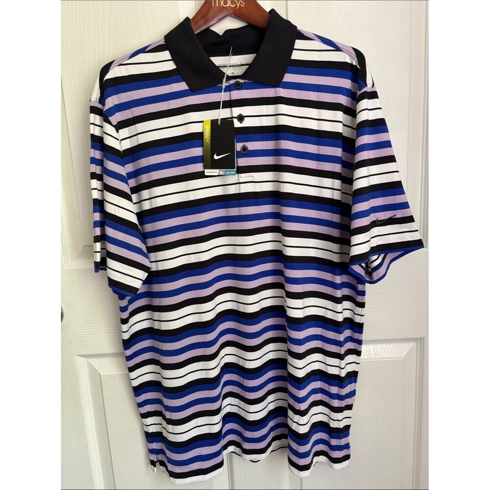 NEW Nike Golf Polo Striped Dri Fit Black White Purple Size XL Tour Performance